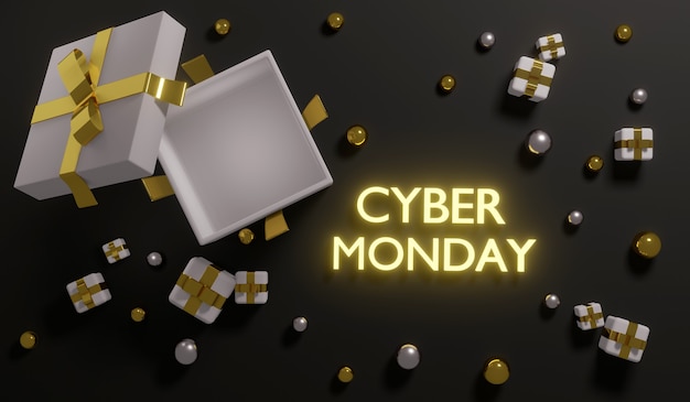 3D Rendering Cyber Monday venta vista superior caja de regalo abierta mostrando la caja vacía en el interior para publicidad. Render 3D. Ilustración 3D.