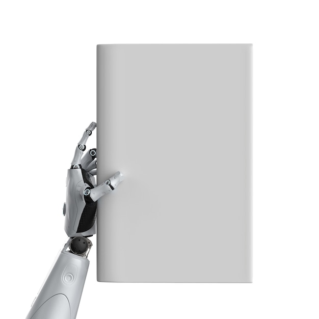 3d rendering cyborg mantenga libro de páginas en blanco aislado en blanco