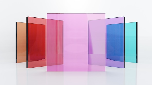 3D-Rendering-Darstellung, bunte quadratische Glasplatte in der Mitte auf weißem Hintergrund ausrichten. Bild zur Präsentation.