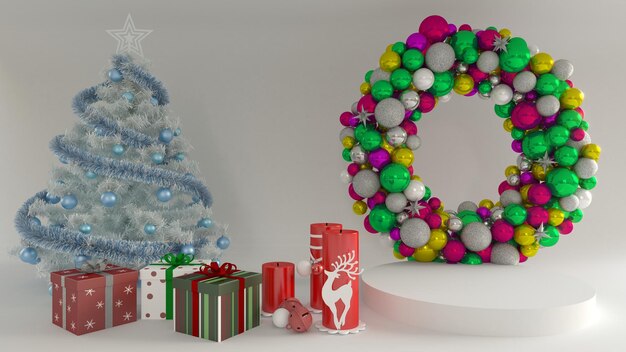 3D-Rendering-Darstellung Weihnachten und Neujahr mit Podium stehen Hintergrund.