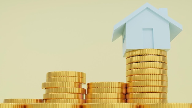 3d-Rendering Das Haus und die Goldmünzen sparen Geld Geschäftskredite für das Immobilienkonzept.