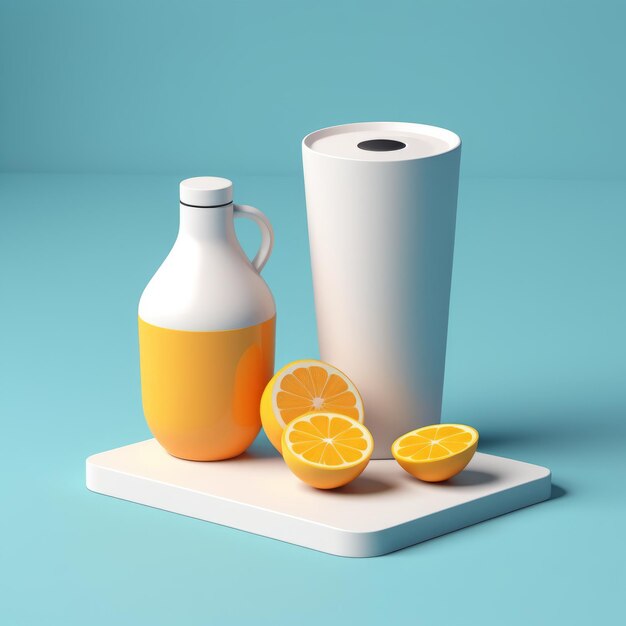 3D rendering de suco de laranja fresco e uma garrafa de leite no fundo laranja