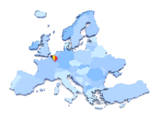 Foto 3d-rendering der europakarte, belgien mit flagge