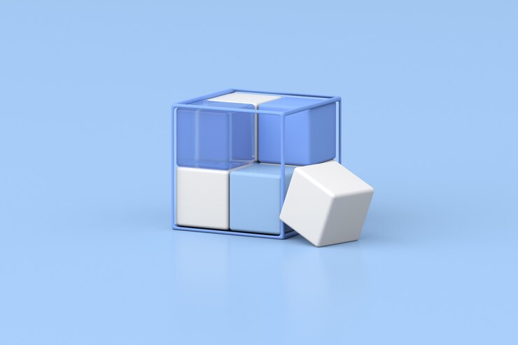 Foto 3d-rendering der geometrischen komposition auf blauem hintergrund.