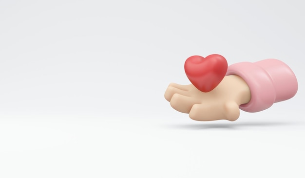 3D-Rendering der Hand mit Herzform auf und Kopierraum isoliert auf weißem Hintergrund Konzept des Liebesausdrucks und der Spende zum Valentinstag. 3D-Darstellung im Cartoon-Stil.