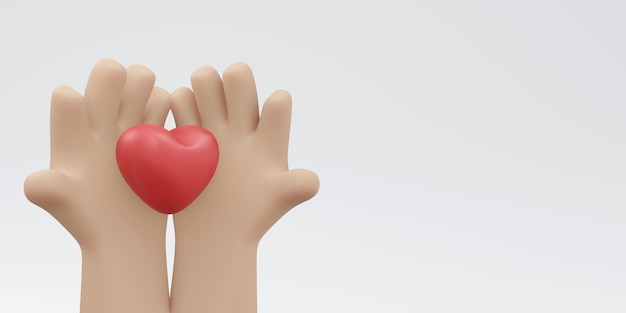 3D-Rendering der Hand mit Herzform und Kopierraum isoliert auf weißem Hintergrund Konzept des Valentinstags, Liebesausdruck, soziale Unterstützung und Spende. 3D-Darstellung im Cartoon-Stil.