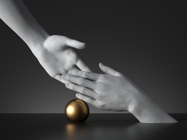 3D-Rendering der Handshake-Geste und des goldenen Balls. Mannequin Hände Interaktion.