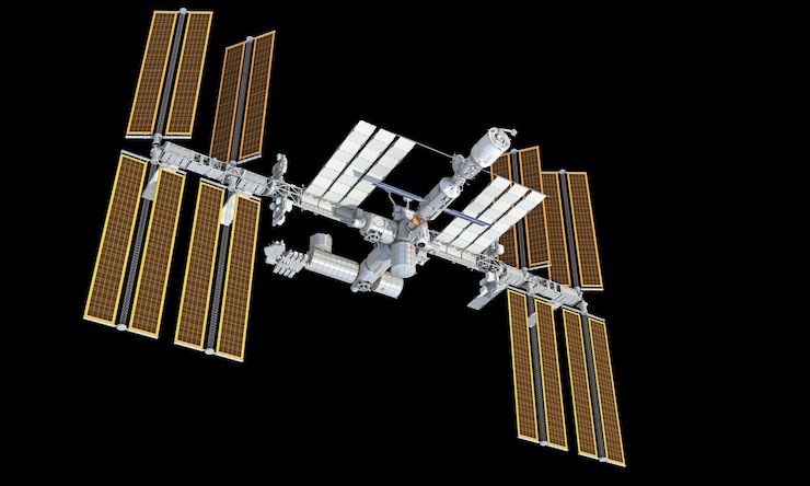 Foto 3d-rendering der internationalen raumstation iss auf schwarzem hintergrund