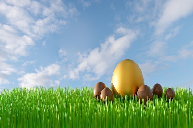 3D-Rendering der Ostergrußkarte mit grünem Gras, blauem Himmel, goldenen und Schokoladeneiern.