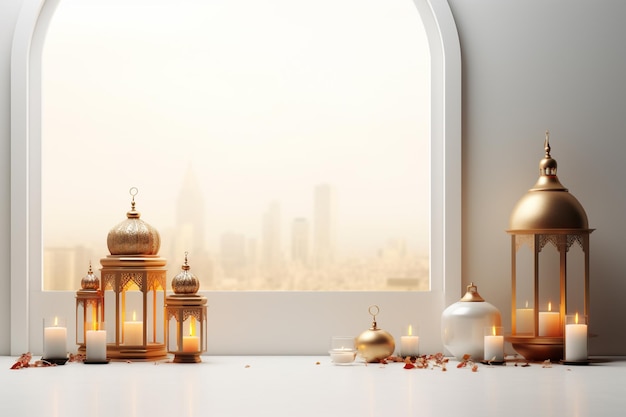 3D-Rendering der Ramadan Kareem Grußkarte mit goldenen Laternen auf weißem Hintergrund