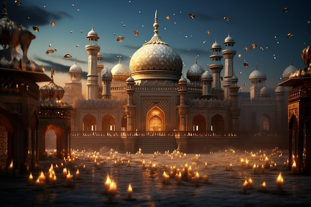 3D-Rendering der Ramadan Kareem Grußkarte mit goldenen Laternen auf weißem Hintergrund