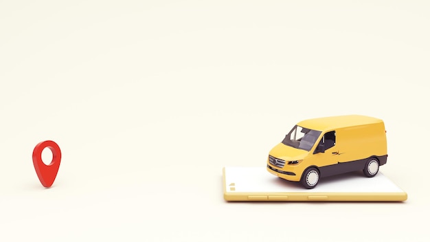 3D-Rendering der schnellen Lieferung von Paketen auf der ganzen Welt mit Auto, Flugzeug, Roller für Online-Shopping