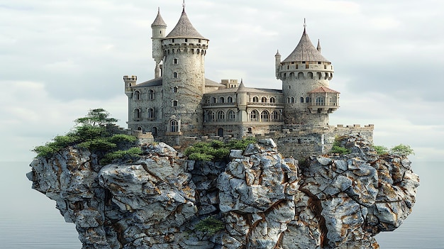 3D-Rendering der schwimmenden Burg am Himmel auf dem Felsen