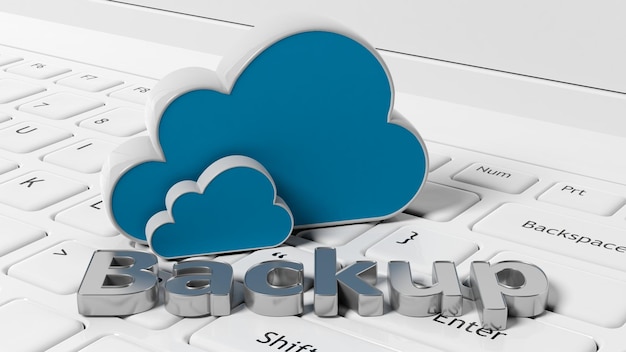 3D-Rendering der Tastatur mit Sicherungstext und Wolkensymbolen isoliert auf weißem Hintergrund
