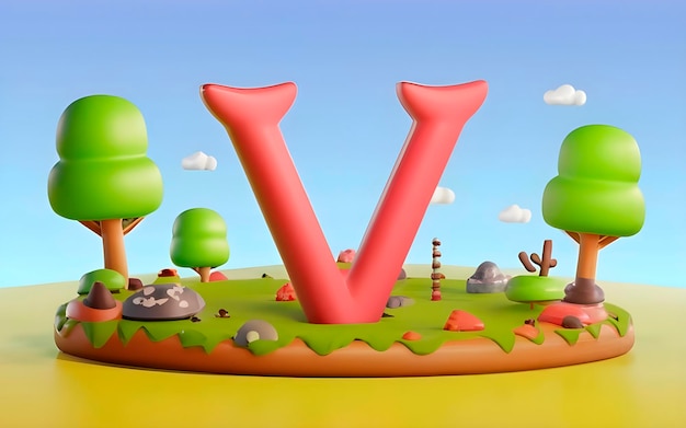 3D-Rendering des Alphabets auf der Zeichentrick-Landschaft ai generiert