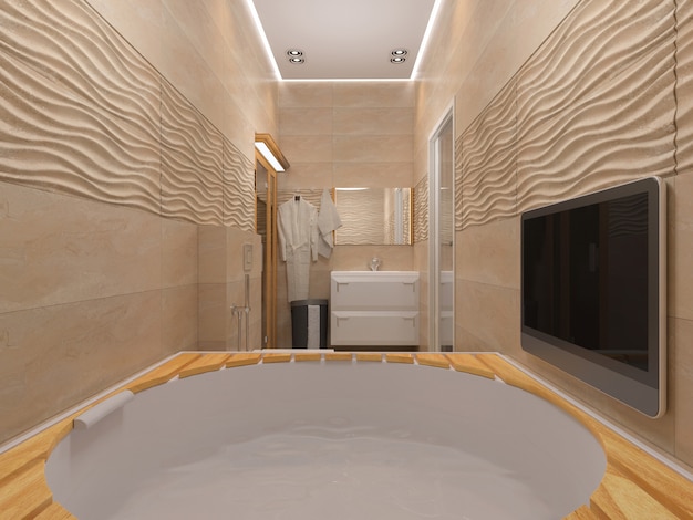 Foto 3d-rendering des badezimmers in beigetönen