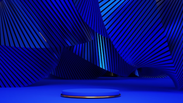 3D-Rendering des blauen und goldenen Podiums. Hintergrund mit geometrischer Zusammensetzung, halbkreisförmiger Ständer. Modernes Design.