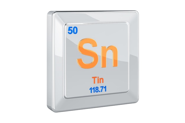 3D-Rendering des chemischen Elementzeichens Tin stannum Sn, isoliert auf weißem Hintergrund