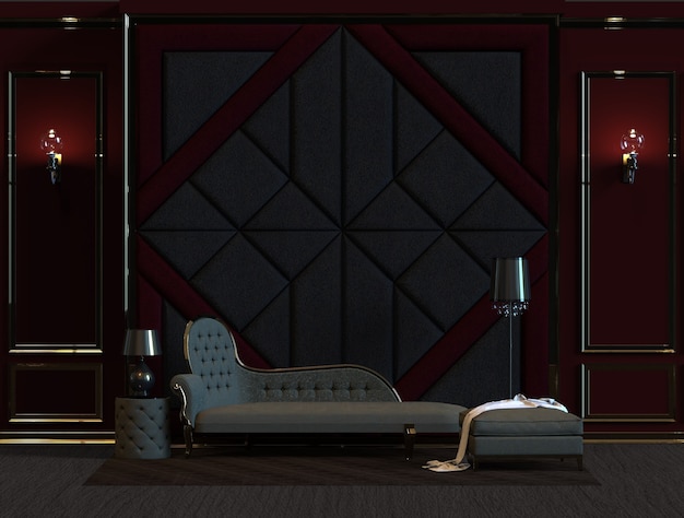 3D-Rendering des Design-Innenwohnzimmers mit Lampe und gepolstertem Wandpaneel