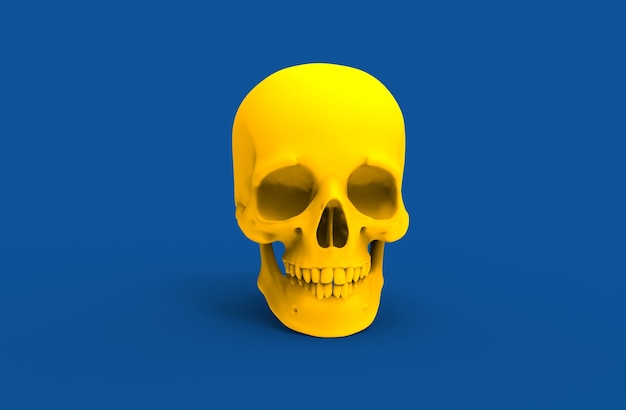3D-Rendering des gelben Schädels auf blauem Hintergrund