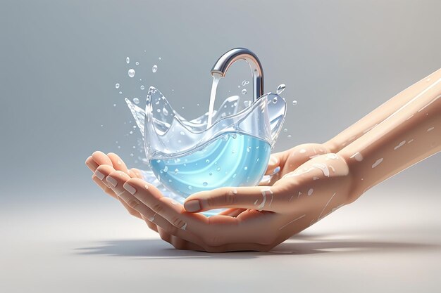 3D-Rendering des Handwaschens mit Wasser und Seife isoliert auf weißem Hintergrund Konzept der Hygiene und Gesundheit 3D-rendering Illustration minimaler Cartoon-Stil
