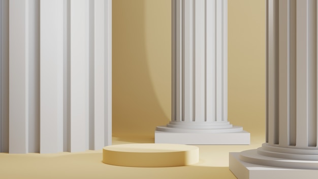 3D-Rendering des hellbraunen Podiums für die Anzeige von Produkten in einem Raum mit griechischem Säulenhintergrund. Mockup für Showprodukt.