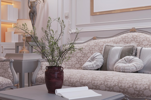 3D-Rendering des Innenraums des Wohnzimmers mit einem leichten Sofa im klassischen Stil