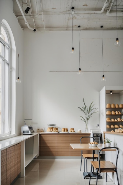 3D-Rendering des Innenraums eines Brotcafés zum Verkauf von Gebäck und Kuchen