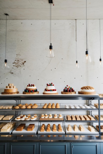 3D-Rendering des Innenraums eines Brotcafés zum Verkauf von Gebäck und Kuchen