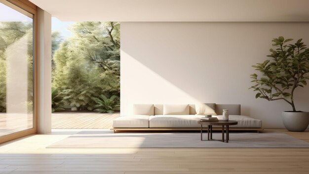 3D-Rendering des Innenraums eines Wohnzimmers mit einem großen Fenster mit Blick auf eine natürliche Landschaft