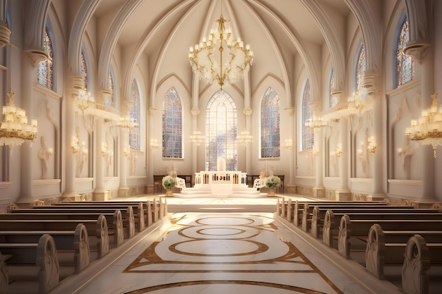 3D-Rendering des Inneren einer Kirche mit weißer Decke Ai Generated
