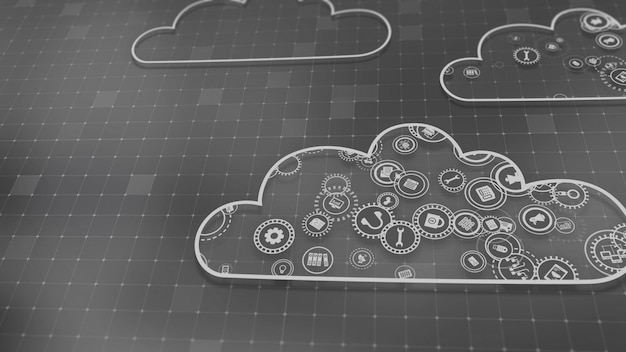 3D-Rendering des Konzepts von Cloud-Technologien und Serverdatenverarbeitung