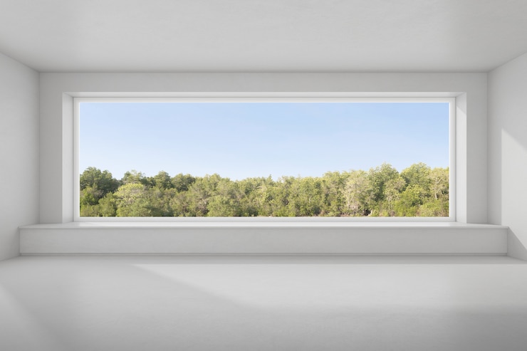 Foto 3d-rendering des leeren betonraums mit großem fenster auf naturhintergrund.