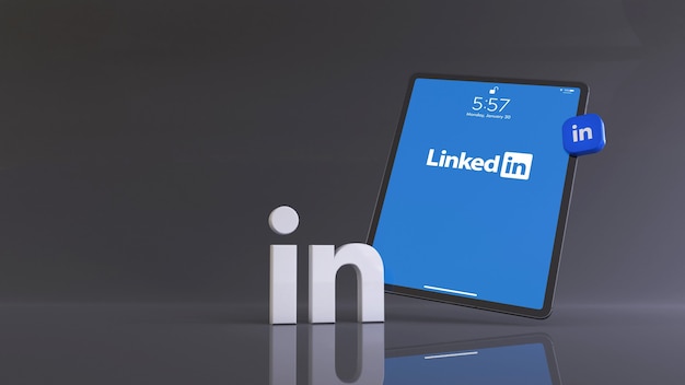 3D-Rendering des Linkedin-Logos vor einem Tablet mit dem Linkedin-App-Logo.