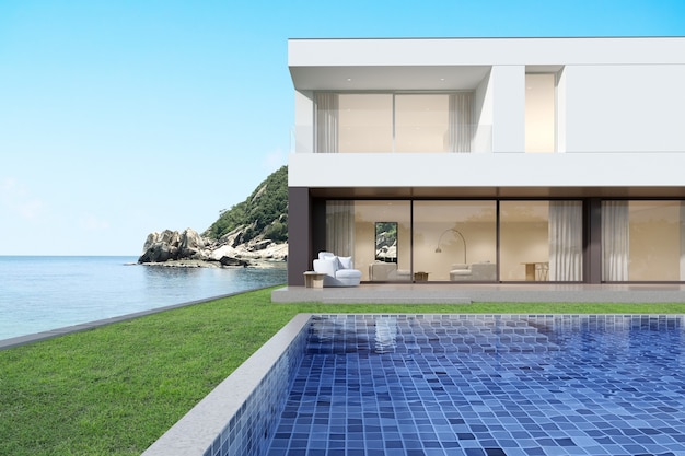 3D-Rendering des modernen Luxushauses mit Swimmingpool auf Seehintergrund.