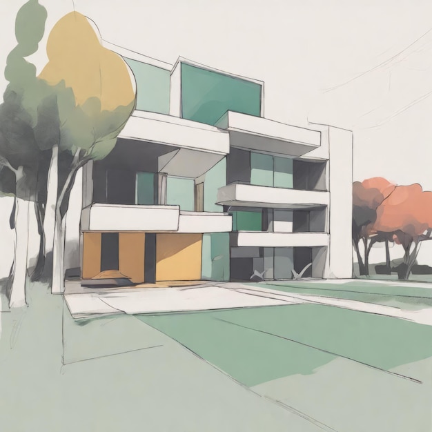 3D-Rendering des modernen Wohnhauses auf einem Hügel mit Fenstern an einer grünen Wand