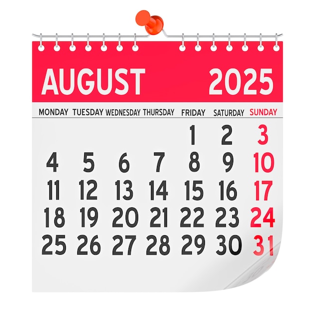 3D-Rendering des monatlichen Wandkalenders für August 2025