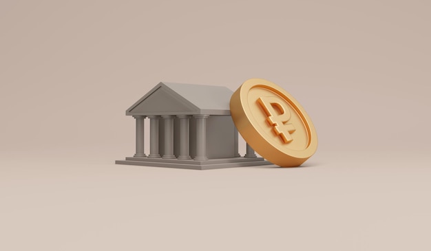 3D-Rendering des russischen Rubel-Symbols auf der Münze, die auf dem Banksymbol auf dem Hintergrundkonzept der russischen Wirtschaft und des finanziellen 3D-Render-Illustrations-Cartoon-Stils steht