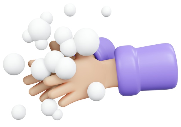 3D-Rendering des Waschens der Hand mit Seife isoliert auf weißem Hintergrund Konzept der Hygiene und Gesundheit 3D-Renderillustration minimaler Cartoon-Stil