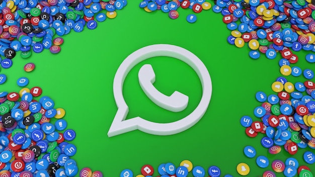 3D-Rendering des WhatsApp-Logos, umgeben von vielen der beliebtesten Hochglanzpillen für soziale Netzwerke