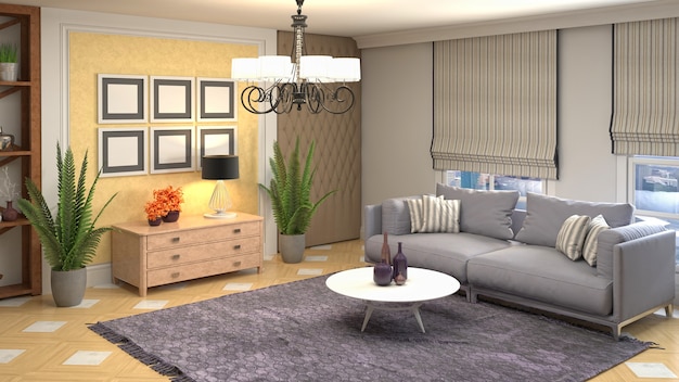 3D-Rendering des Wohnzimmerinnenraums