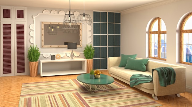 3D-Rendering des Wohnzimmerinnenraums