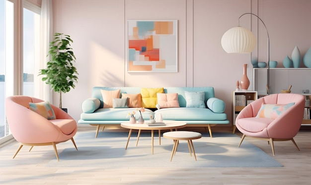 3D-Rendering des Wohnzimmers mit rosa und blauen Sofas