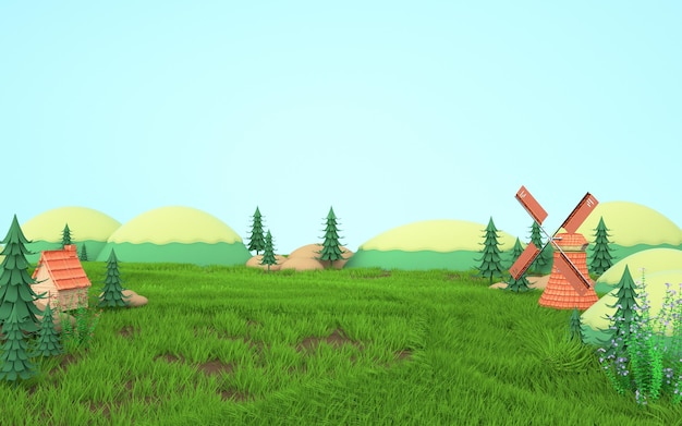 3D-Rendering des Zeichentrickfilmenwaldes
