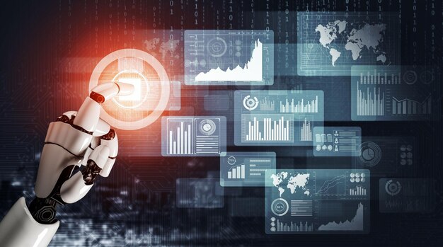 3D Rendering Desarrollo de tecnología de robots futuristas Inteligencia artificial (IA) y concepto de aprendizaje automático Investigación científica robótica biónica global para la vida humana futura Ilustración 3D
