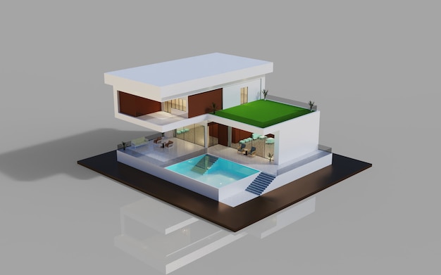 3D-Rendering-Design modernes Äußeres der Hausmodellillustration mit Schwimmbad