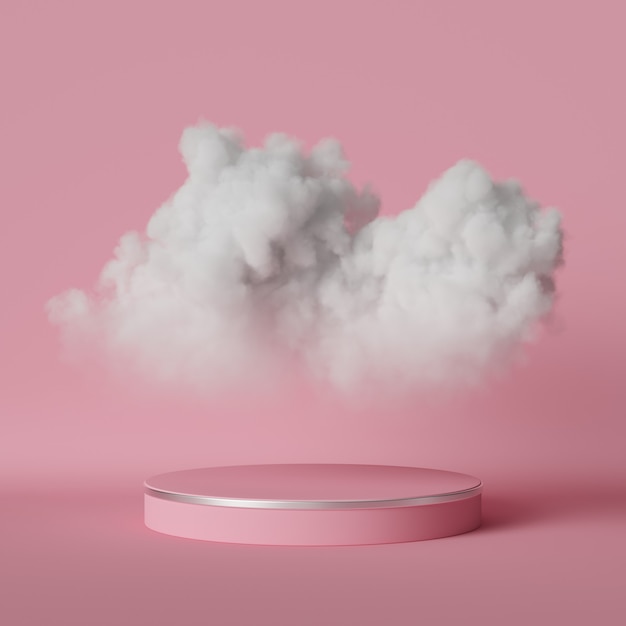 3D-Rendering, digitale Illustration. Weißer Cumulus oder Wolke schwebt über dem runden Podium.