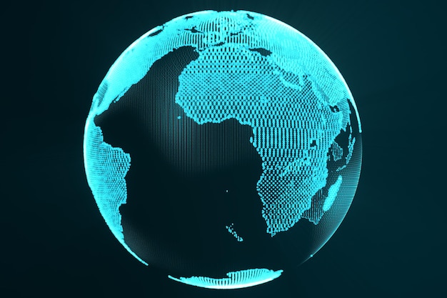 3D-Rendering digitales Erdhologramm-Konzept Technologiebild der blauen futuristischen Farbe des Globus mit Lichtstrahlen