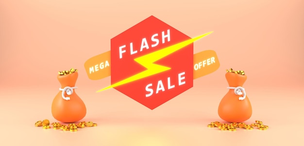 Foto 3d rendering diseño de banner de venta flash con la bolsa de monedas de oro día de oferta especial y descuento mega