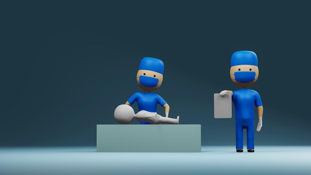 3D-Rendering Doktor Zeichentrickfigur behandelt den Patienten